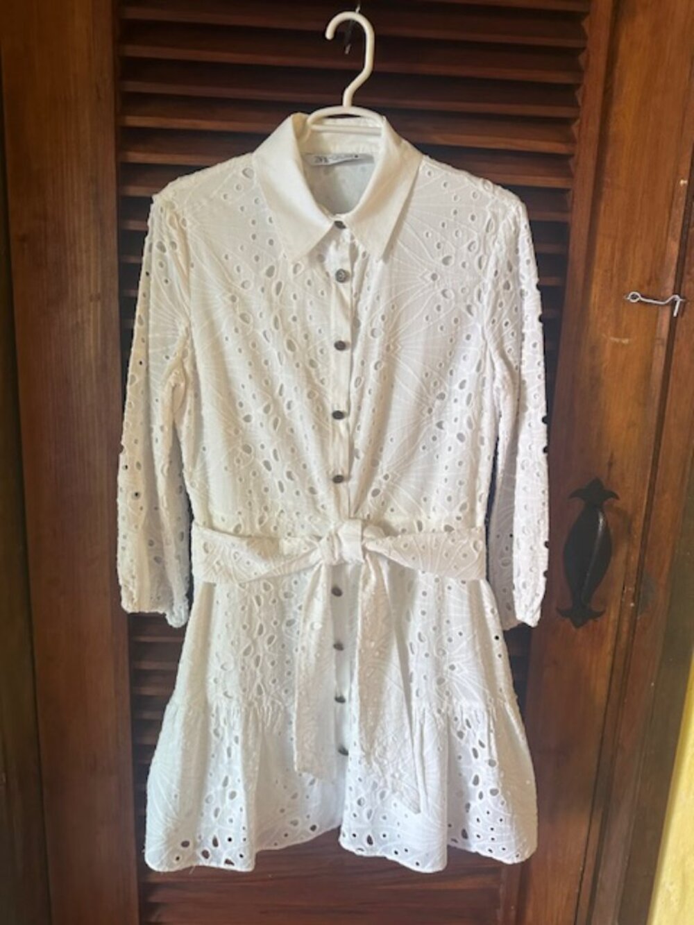 Zara Mini White Cotton Eyelet Button Down Front Belted Dress, 3/4 Sleeves